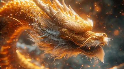 Majestic Golden Dragon Amidst Fiery Sparks and Smoke