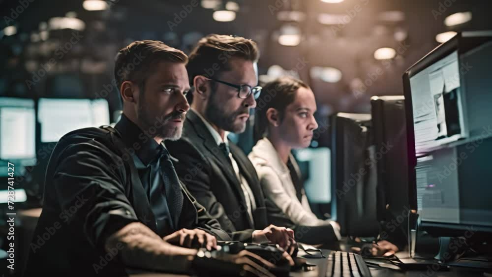 Poster multiple individuals are seen sitting together at a desk, using computers and engaging in work or co