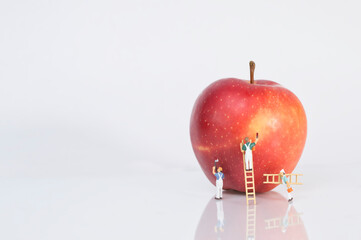Painting team painting an apple red, white background
​