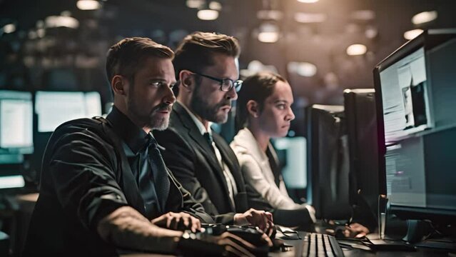 Multiple individuals are seen sitting together at a desk, using computers and engaging in work or collaborative activities, Cybersecurity professionals thwarting a malware attack, AI Generated
