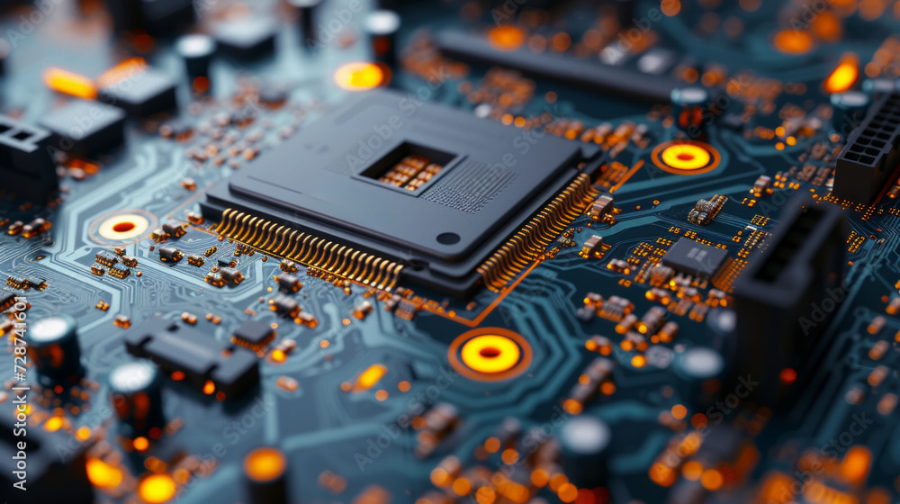 Poster a close-up of a motherboard's intricate layout, an ode to technological complexity