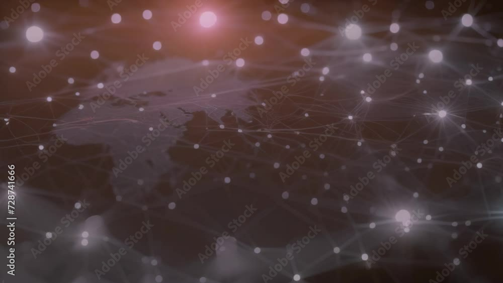 Poster a map of the world, with dots and lines that represent various locations and connections around the 