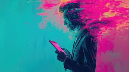  illustration in which a man is wearing a suit and holding a tablet, colorful surrealist, pop art prints