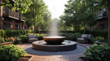 A serene courtyard within an apartment complex featuring a fountain and seating area