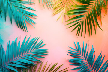 Fototapeta na wymiar Tropical bright colorful background with exotic painted tropical palm leaves. Minimal fashion summer concept. Flat lay.