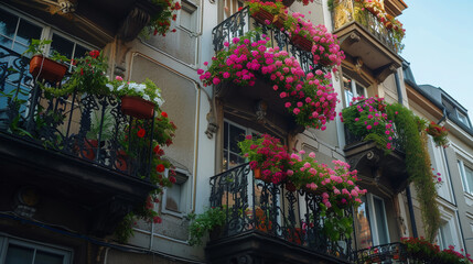 Fototapeta na wymiar A traditional apartment building with wrought iron balconies and flowering plants