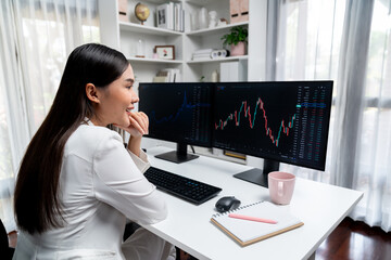 Young beautiful Asian businesswoman looking on pc to analyze profitable of exchange stock market graph at modern office. Concept of investing high profit in wealth security in finance. Stratagem.