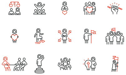 Vector Set of Linear Icons Related to Equal Human Rights, Harmony Relationship, Women Empowerment and Gender Equality. Mono line pictograms and infographics design elements