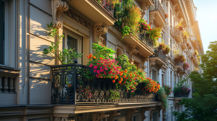 A traditional apartment building with wrought iron balconies and flowering plants