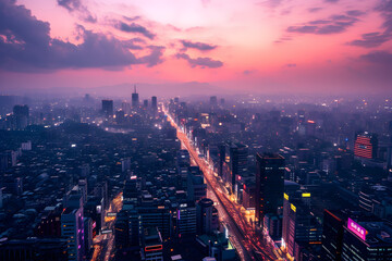 Aerial view of a bustling commercial district at twilight, city lights - obrazy, fototapety, plakaty