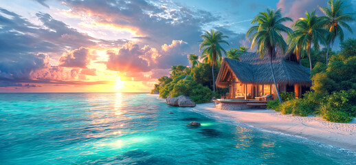 Sunset View of Overwater Bungalow in Tropics - obrazy, fototapety, plakaty