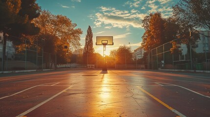 A basketball court at sunset, where athletes chase their dreams - obrazy, fototapety, plakaty