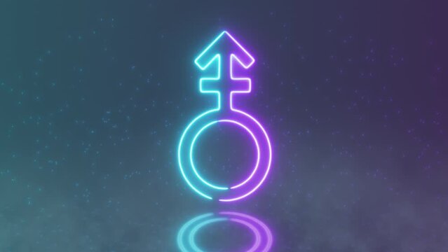 Neon Androgyne Symbol Icon with a Particle Background. Gender Indicator. Gender Diversity and Equality. Neon Sign. Neon Blue and Purple Androgyne Sing