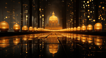 A future cityscape view through a golden color transparent glass globe sphere on the floor with architectural town background at the back drop and blurred bright lights dots   