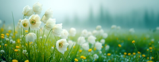 Ethereal white Fritillaria flowers amidst a foggy, dewy meadow