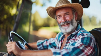 Portrait of confident senior caucasian male farmer driving farm tractor in sunny day