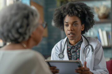 Shot of a young african american female doctor using a digital tablet during a consultation with a senior woman.