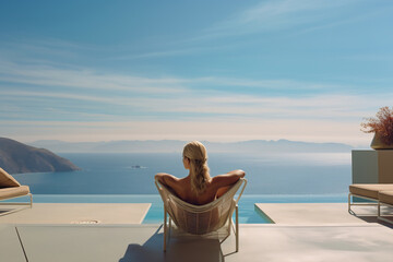 Fototapeta premium Woman in swimwear sitting by an infinity pool, enjoying the vast sea horizon