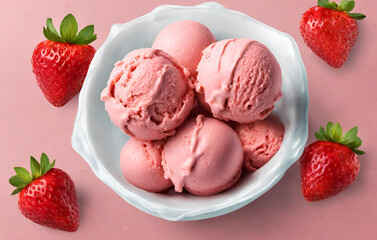 A bowl of strawberry ice cream with a green leaf on top.

