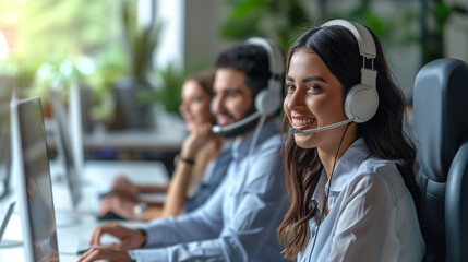 Smiling peoples with headsets using computer and smiling while working in white office. Man and woman operators talking on headset with clients. Group of telemarketing customer service team.