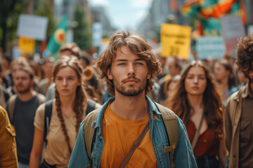 Fototapeta premium A photograph capturing the intensity of a climate change rally, with protesters holding signs and banners advocating for environmental action. Concept of collective climate activism. Generative Ai.