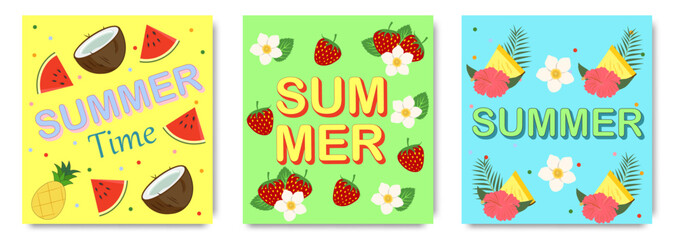 Creative concept of summer cards set. Modern art design with  strawberries, watermelon, pineapple, flowers and modern typography. Templates for celebration, ads, branding, banner, cover, label, poster