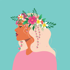 Woman with flowers, Hello spring, Girl with flowers. Happy international Women's Day! March 8th, girl power, self-love, trendy design for banners, card. Greeting card for 8 March. 