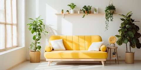 Bright apartment with a settee, plants, and decorations. Real photo.