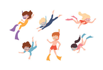 Set of cute snorkeling children with facial masks and tubes flat style © sabelskaya