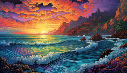 Fototapeta na wymiar A vibrant coastal scene with rocky cliffs and crashing waves against a colorful sky.