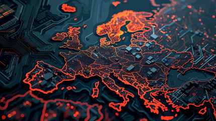 Digital Europe map, microcircuit board, concept of global network and connectivity, international data transfer and cyber technology, worldwide business, information exchange and telecommunication
