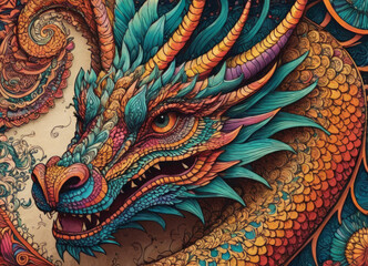 Majestic colorful dragon among bright colors