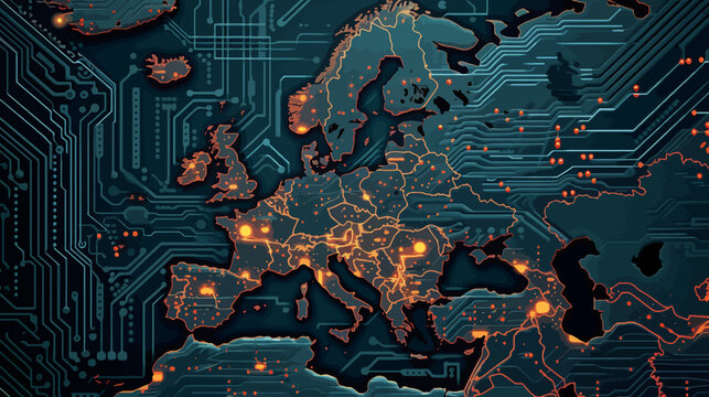 Digital Europe map, microcircuit board, concept of global network and connectivity, international data transfer and cyber technology, worldwide business, information exchange and telecommunication