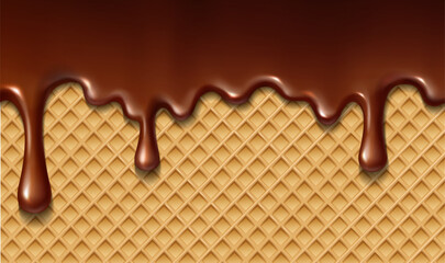 3d realistic vector illustration. Liquid hot chocolate dripping on the wafer.