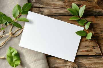 a mockup of a blank white postcard on a wooden table - obrazy, fototapety, plakaty