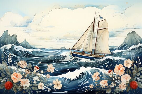 An illustration featuring a sailboat navigating through rough waters surrounded by stormy waves, adorned with intricate floral motifs on the sides