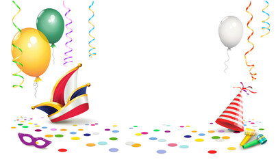 Karneval Plakat mit Faschingshut, Luftballons, Konfetti, Tr&ouml;ten, Luftschlangen und Maskenbrille,
Vektor Illustration isoliert auf wei&szlig;em Hintergrund
