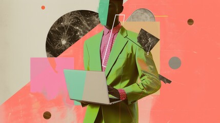  illustration in which a man is wearing a suit and using laptop, colorful surrealist, pop art prints, nostalgia