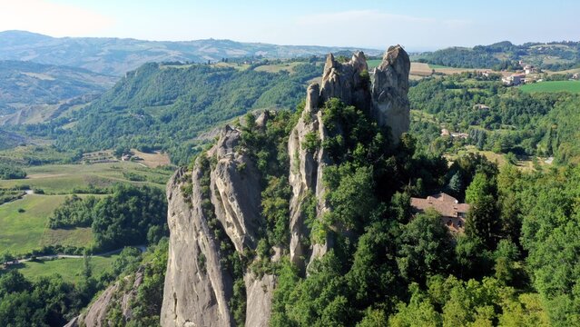 The pinnacles of rocks stand out in the Park of Sassi di Rocca Malatina. Modena, Vignola, Roccamalatina, Italy