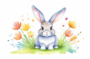 Obraz na płótnie Canvas Postcard, clipart, hare in green grass on a white background, illustration