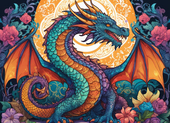 Majestic colorful dragon among bright colors