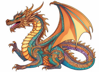 Dragon with ornate scales on white background