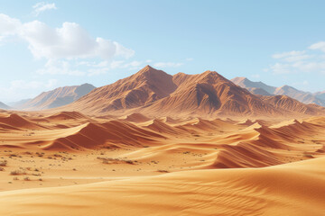 Fototapeta na wymiar A minimalist desert landscape in warm shades of sand, emphasizing the vastness and solitude of arid terrains. Concept of monochromatic desolation. Generative Ai.