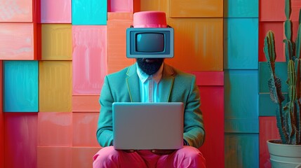  illustration in which a man is wearing a suit and using laptop, colorful surrealist, pop art prints, nostalgia