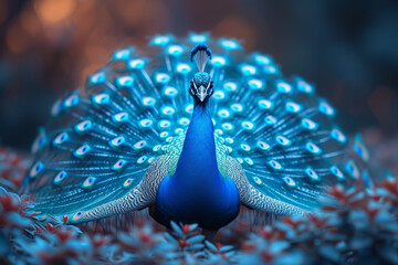 A close-up of a peacock displaying its feathers in shades of iridescent blue, showcasing the...