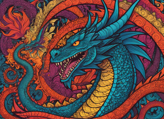 Majestic colorful dragon among bright colors