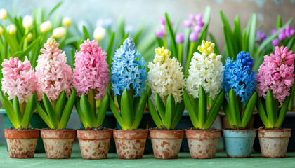 Colorful Hyacinths Blooming in Pots