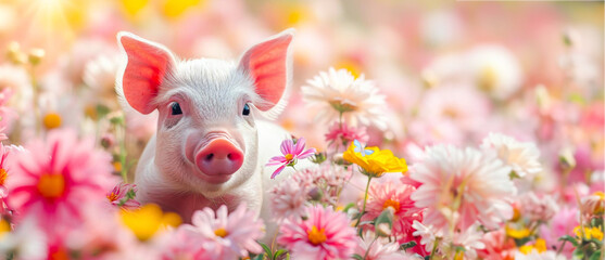 Joyful Piglet in a Blossoming Meadow. Greeting card for celebrating National pig day