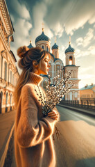 Pensive Woman with Pussy Willows by Cathedral in Palm Sunday Morning before Easter holiday