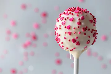Fotobehang A white chocolate cake pop adorned with red heart sprinkles, presented with a soft-focus backdrop of pink dots, suitable for Valentine's Day treats, confectionery themes, or romantic dessert marketing © Infusorian